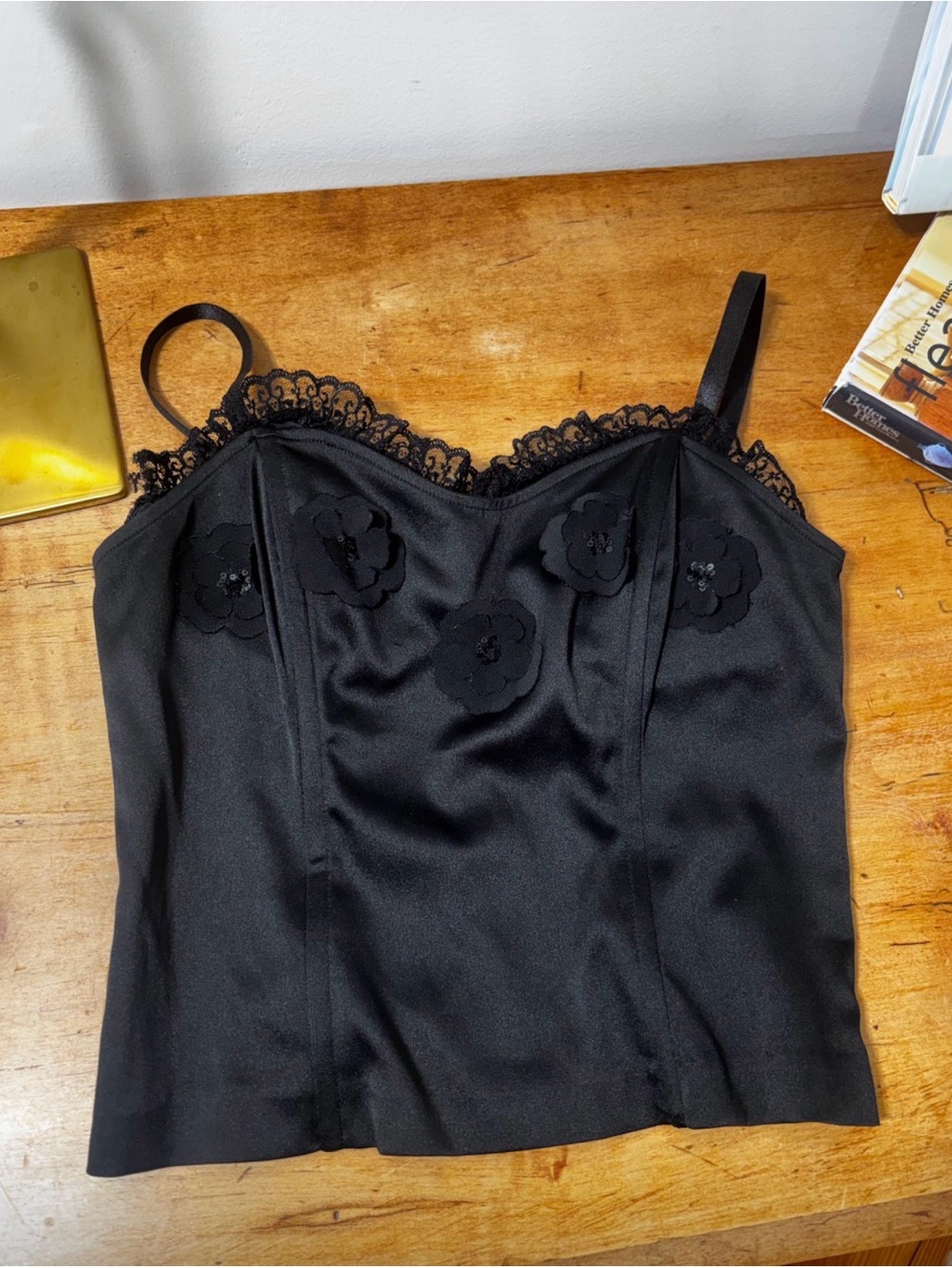 Black Satin Lace Appliqué Corset Camisole